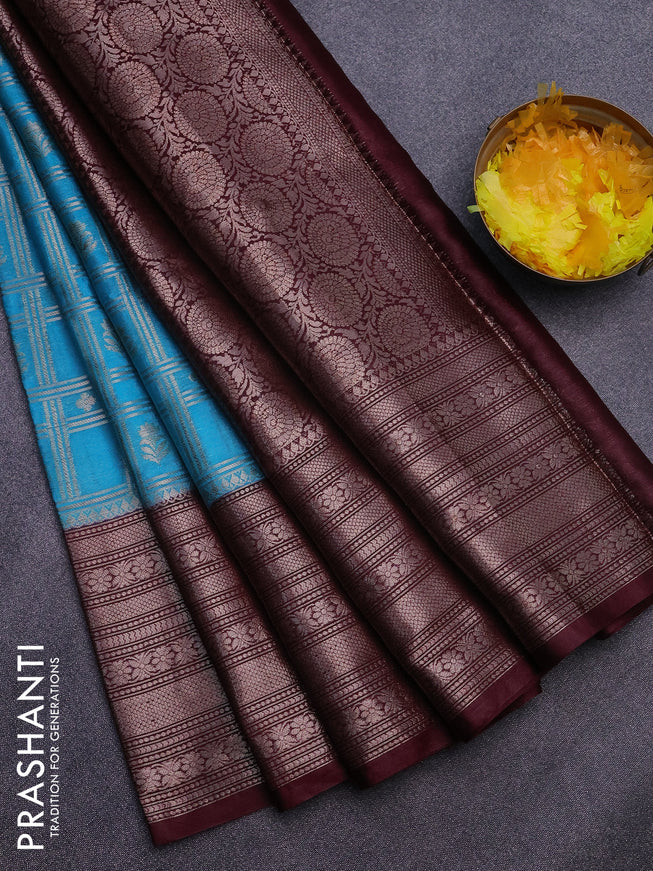 Banarasi semi silk saree cs blue and maroon with allover zari checks & buttas and long zari woven border