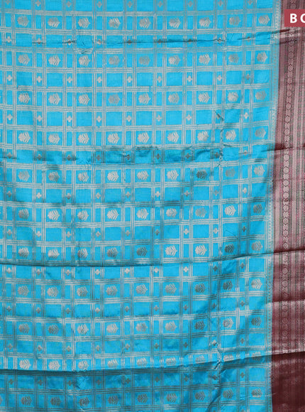 Banarasi semi silk saree cs blue and maroon with allover zari checks & buttas and long zari woven border