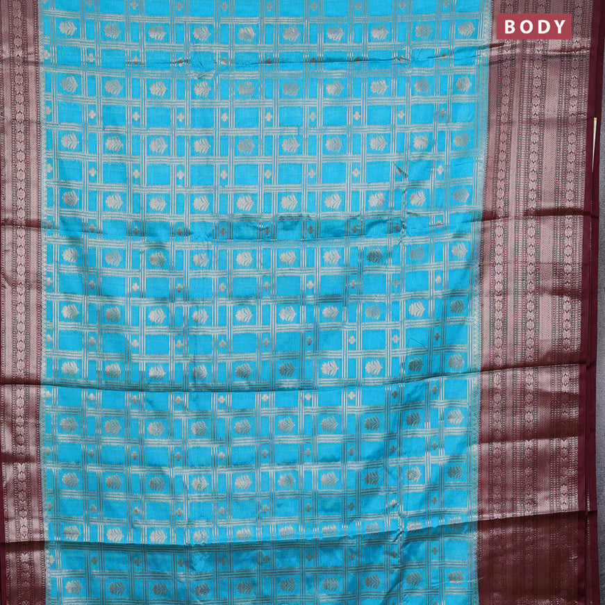 Banarasi semi silk saree cs blue and maroon with allover zari checks & buttas and long zari woven border