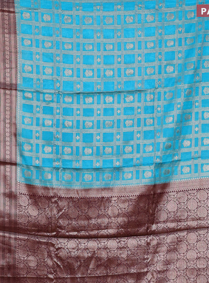 Banarasi semi silk saree cs blue and maroon with allover zari checks & buttas and long zari woven border