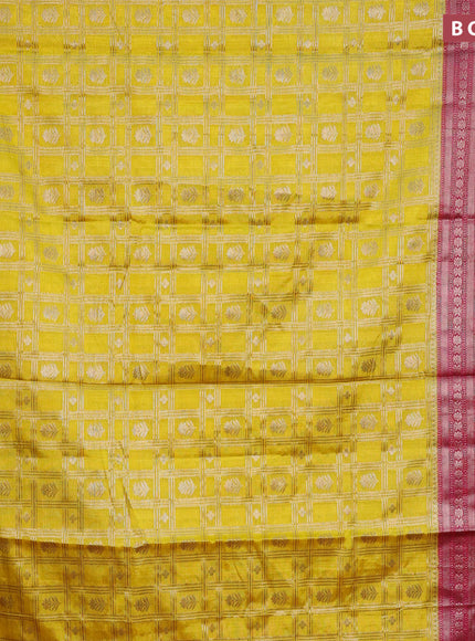 Banarasi semi silk saree yellow and pink with allover zari checks & buttas and long zari woven border