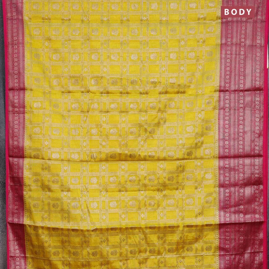 Banarasi semi silk saree yellow and pink with allover zari checks & buttas and long zari woven border