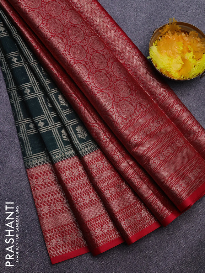 Banarasi semi silk saree green and red with allover zari checks & buttas and long zari woven border