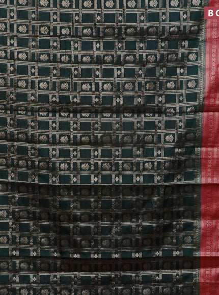 Banarasi semi silk saree green and red with allover zari checks & buttas and long zari woven border