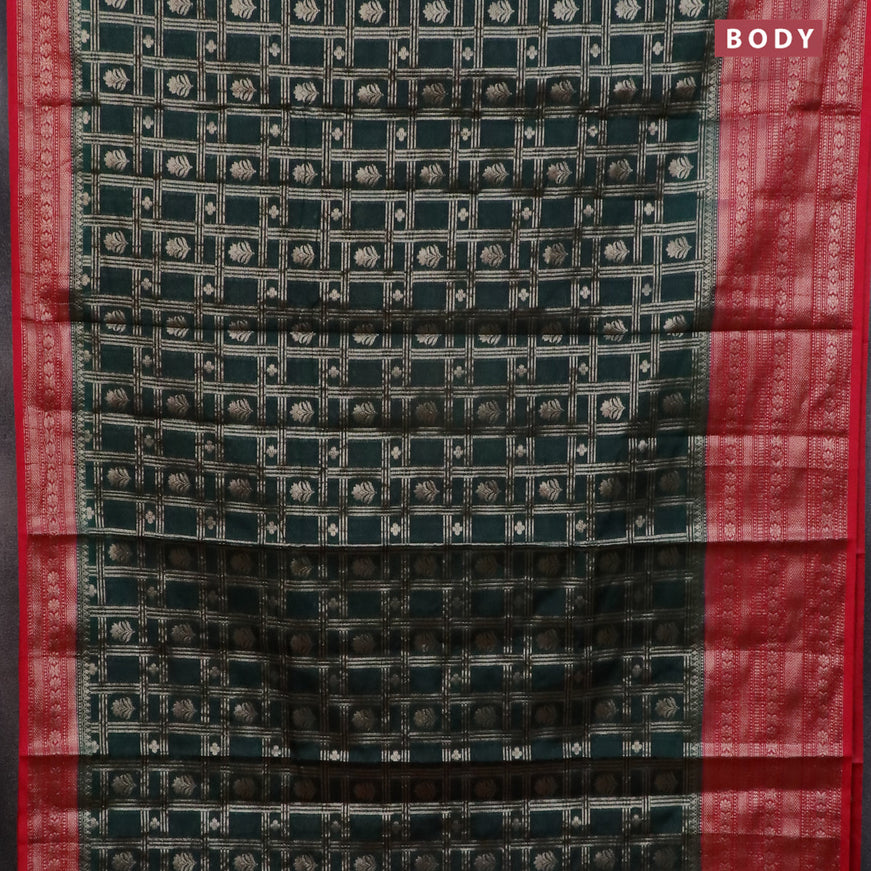 Banarasi semi silk saree green and red with allover zari checks & buttas and long zari woven border