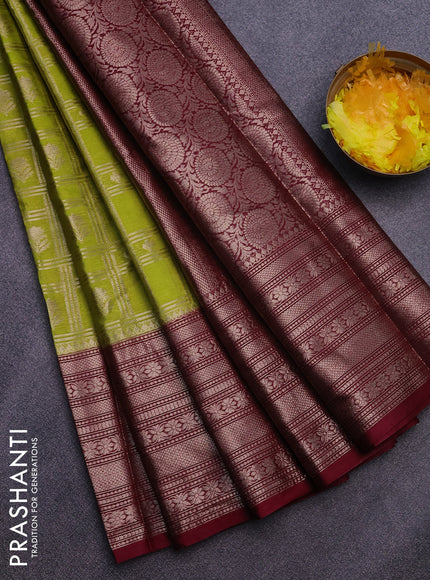 Banarasi semi silk saree lime green and maroon with allover zari checks & buttas and long zari woven border