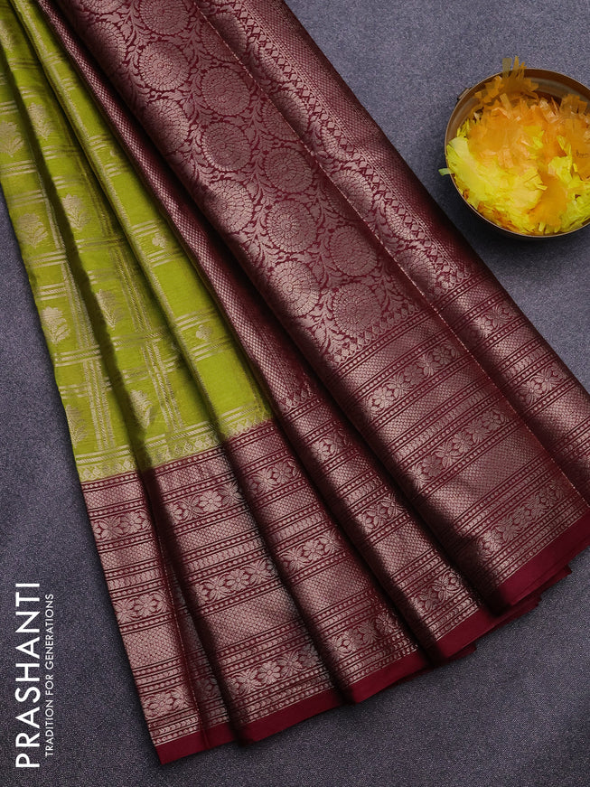 Banarasi semi silk saree lime green and maroon with allover zari checks & buttas and long zari woven border