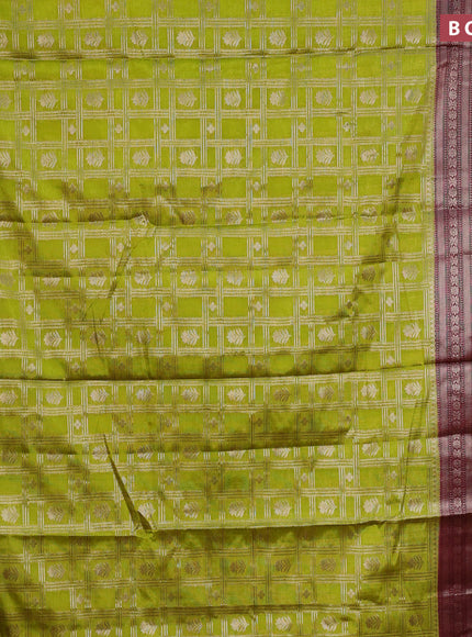 Banarasi semi silk saree lime green and maroon with allover zari checks & buttas and long zari woven border