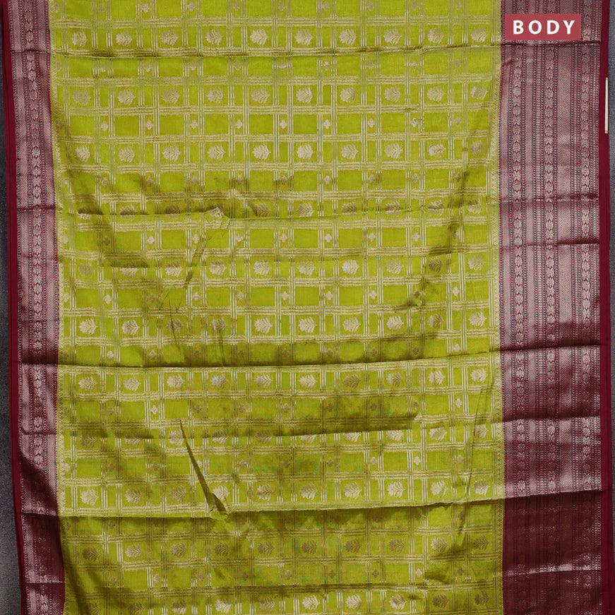 Banarasi semi silk saree lime green and maroon with allover zari checks & buttas and long zari woven border