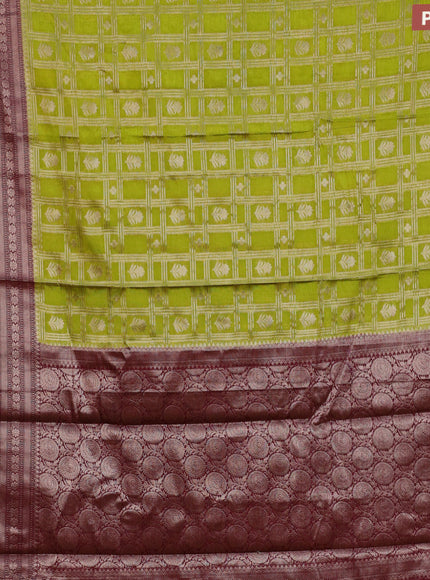 Banarasi semi silk saree lime green and maroon with allover zari checks & buttas and long zari woven border