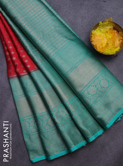 Banarasi semi silk saree tomato red and teal green shade with allover thread & zari woven buttas and long woven border