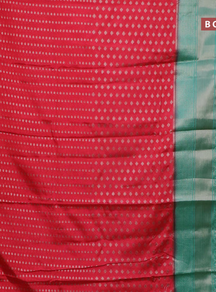 Banarasi semi silk saree tomato red and teal green shade with allover thread & zari woven buttas and long woven border