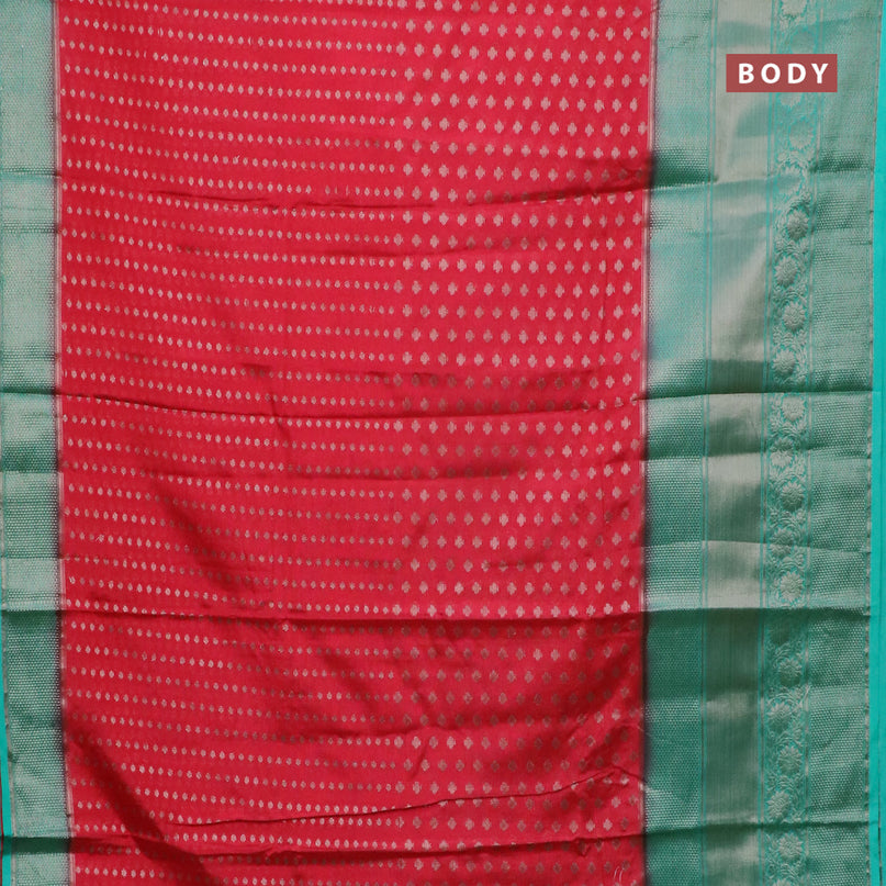 Banarasi semi silk saree tomato red and teal green shade with allover thread & zari woven buttas and long woven border