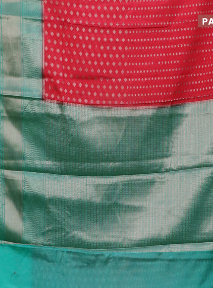 Banarasi semi silk saree tomato red and teal green shade with allover thread & zari woven buttas and long woven border