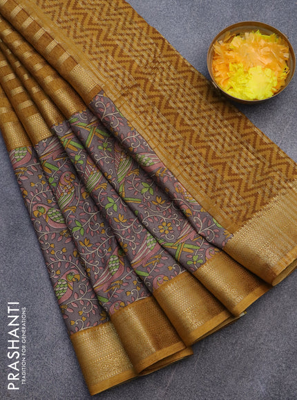 Semi crepe saree dark mustard and grey with zari weaves and long kalamkari printed zari border