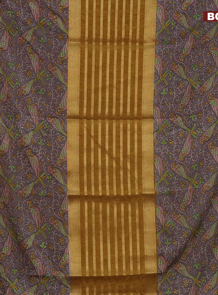 Semi crepe saree dark mustard and grey with zari weaves and long kalamkari printed zari border