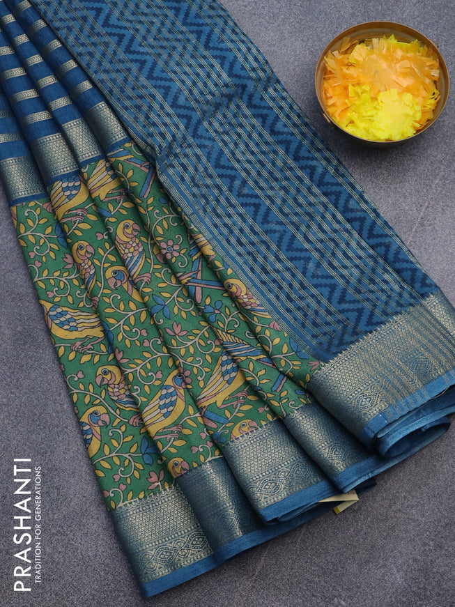 Semi crepe saree peacock blue and green with zari weaves and long kalamkari printed zari border