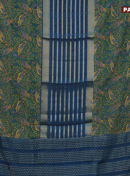 Semi crepe saree peacock blue and green with zari weaves and long kalamkari printed zari border