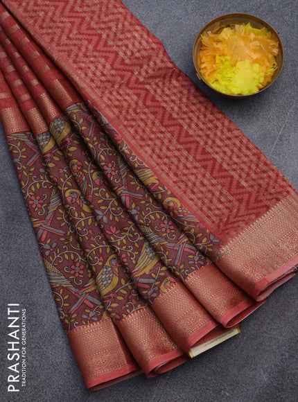 Semi crepe saree red shade and pastel maroon shade with zari weaves and long kalamkari printed zari border