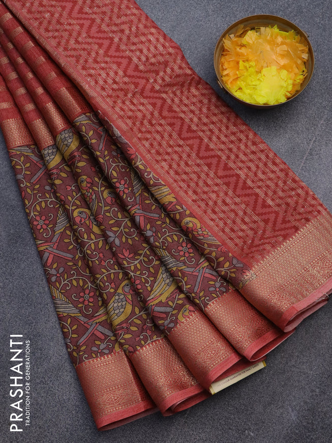 Semi crepe saree red shade and pastel maroon shade with zari weaves and long kalamkari printed zari border