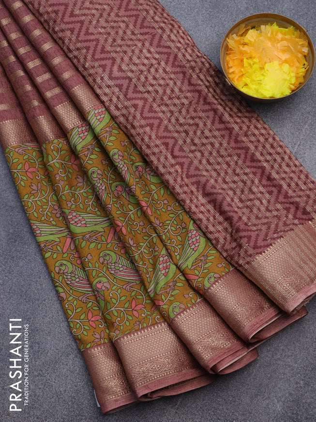 Semi crepe saree pastel maroon shade and mustard yellow with zari weaves and long kalamkari printed zari border