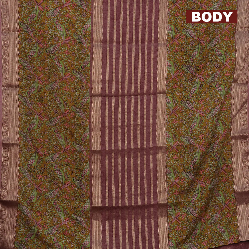 Semi crepe saree pastel maroon shade and mustard yellow with zari weaves and long kalamkari printed zari border