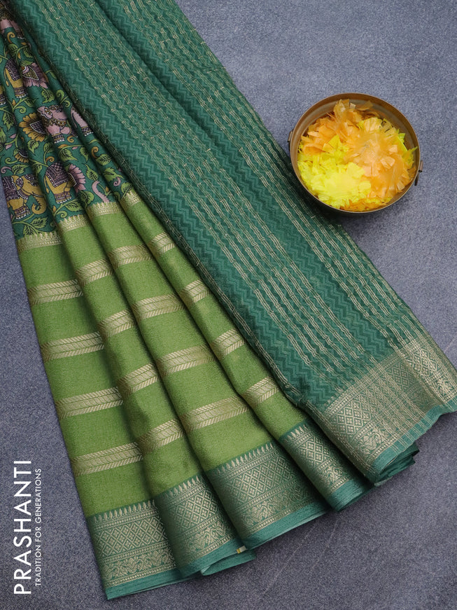 Semi crepe saree green and light green with kalamkari prints and long zari woven simple border