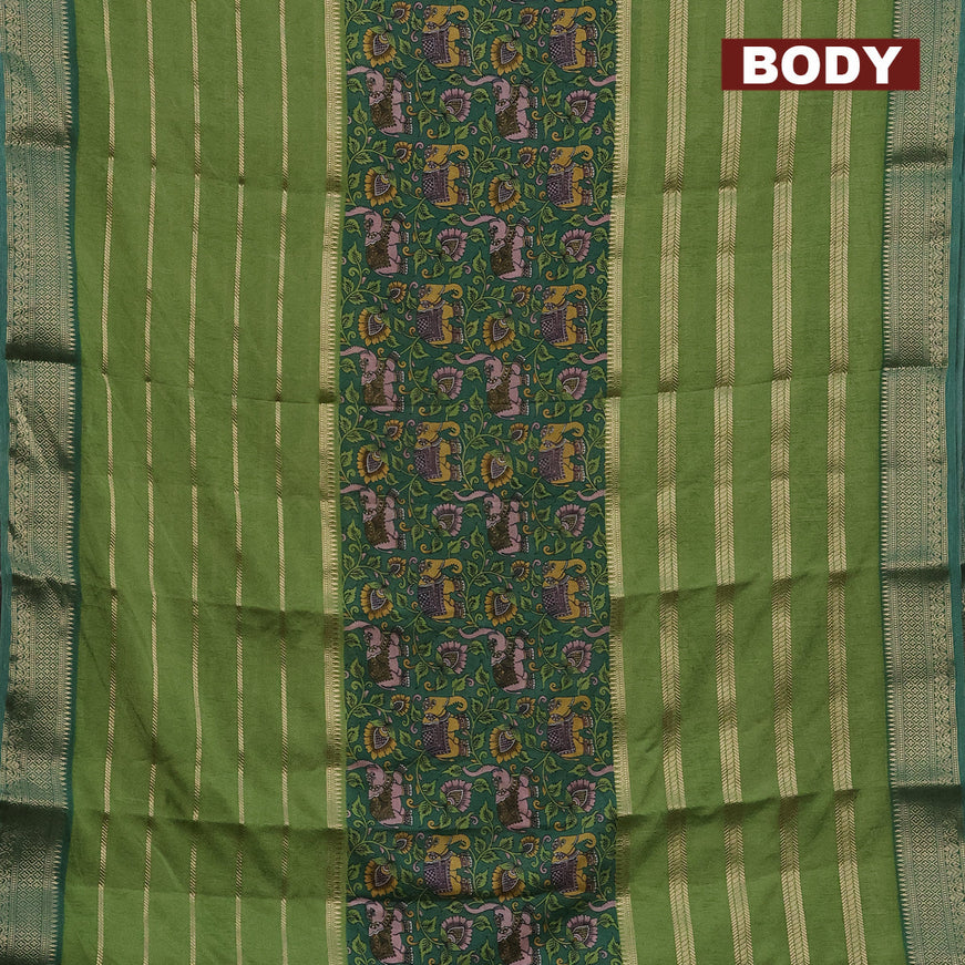 Semi crepe saree green and light green with kalamkari prints and long zari woven simple border