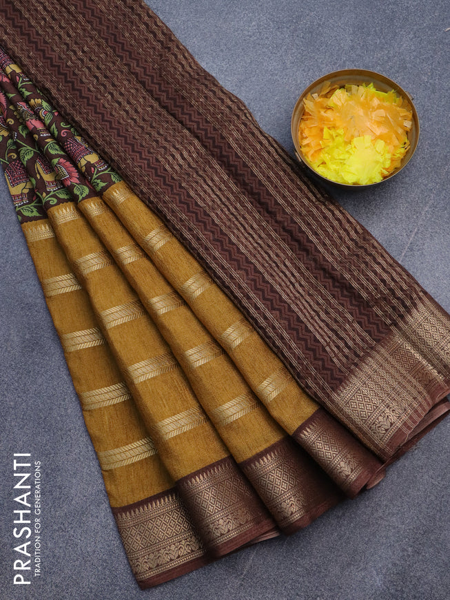 Semi crepe saree brown and mustard yellow with kalamkari prints and long zari woven simple border