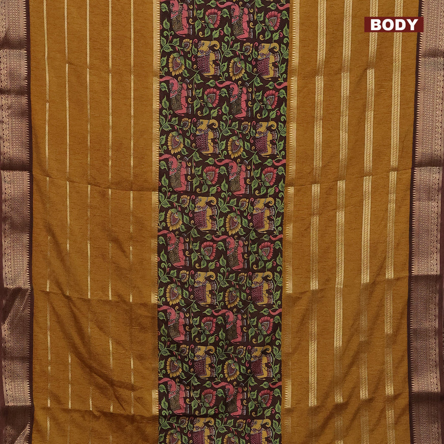 Semi crepe saree brown and mustard yellow with kalamkari prints and long zari woven simple border