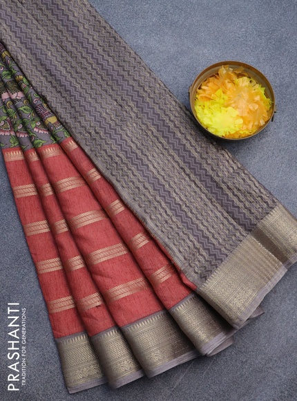 Semi crepe saree grey shade and peach shade with kalamkari prints and long zari woven simple border