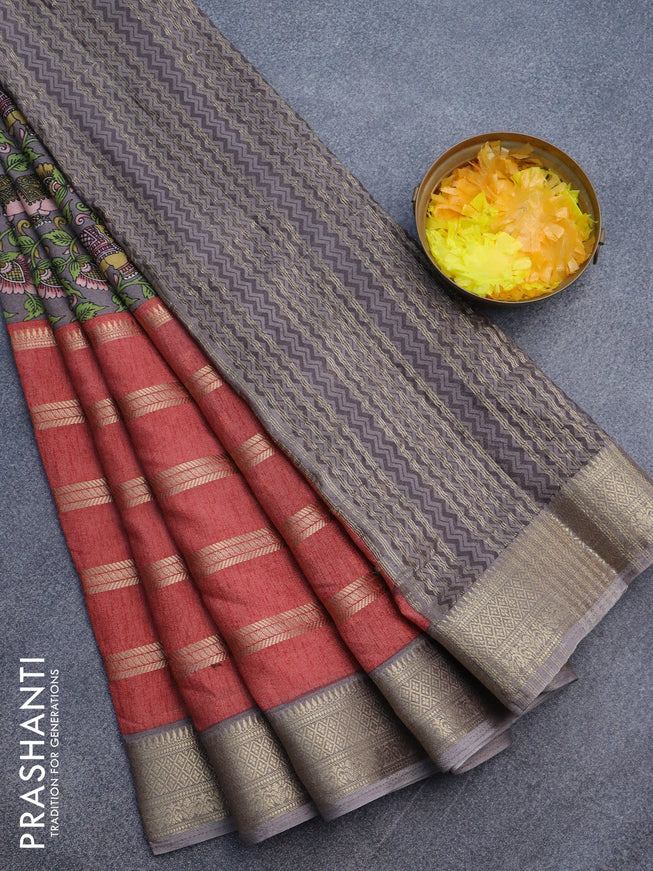 Semi crepe saree grey shade and peach shade with kalamkari prints and long zari woven simple border