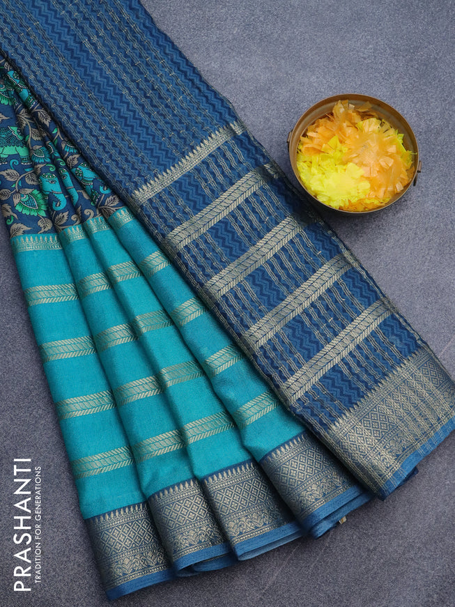 Semi crepe saree peacock blue and teal blue with kalamkari prints and long zari woven simple border