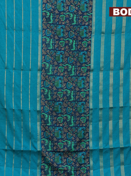 Semi crepe saree peacock blue and teal blue with kalamkari prints and long zari woven simple border