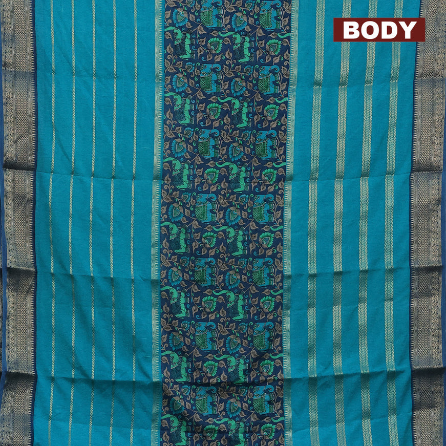 Semi crepe saree peacock blue and teal blue with kalamkari prints and long zari woven simple border