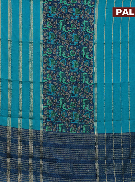 Semi crepe saree peacock blue and teal blue with kalamkari prints and long zari woven simple border