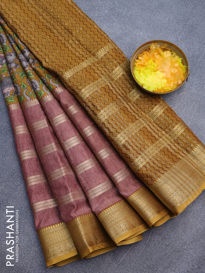 Semi crepe saree mustard shade and brown shade with kalamkari prints and long zari woven simple border