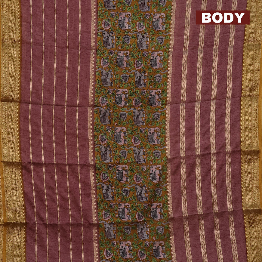 Semi crepe saree mustard shade and brown shade with kalamkari prints and long zari woven simple border