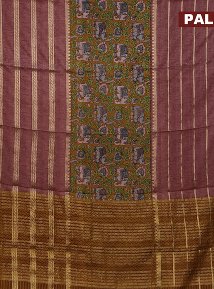 Semi crepe saree mustard shade and brown shade with kalamkari prints and long zari woven simple border