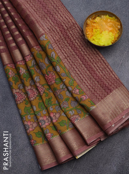 Semi crepe saree brown shade and dark mustard with zari weaves and long kalamkari printed zari border