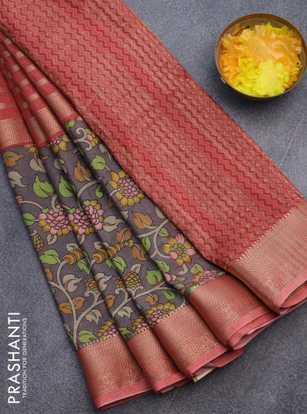 Semi crepe saree red shade and grey with zari weaves and long kalamkari printed zari border