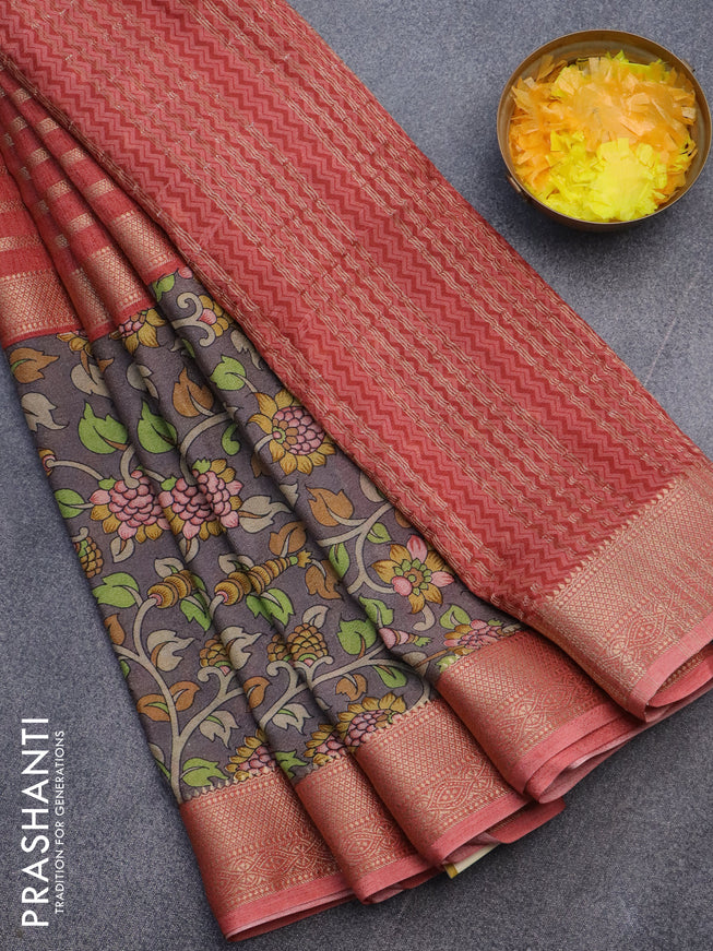 Semi crepe saree red shade and grey with zari weaves and long kalamkari printed zari border