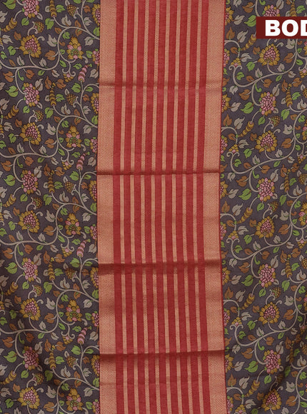 Semi crepe saree red shade and grey with zari weaves and long kalamkari printed zari border