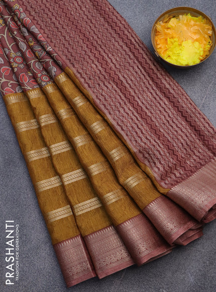 Semi crepe saree brown and dark mustard with kalamkari prints and long zari woven simple border