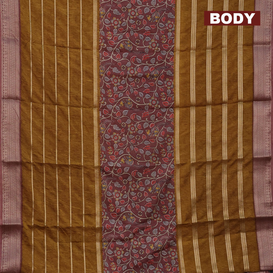 Semi crepe saree brown and dark mustard with kalamkari prints and long zari woven simple border