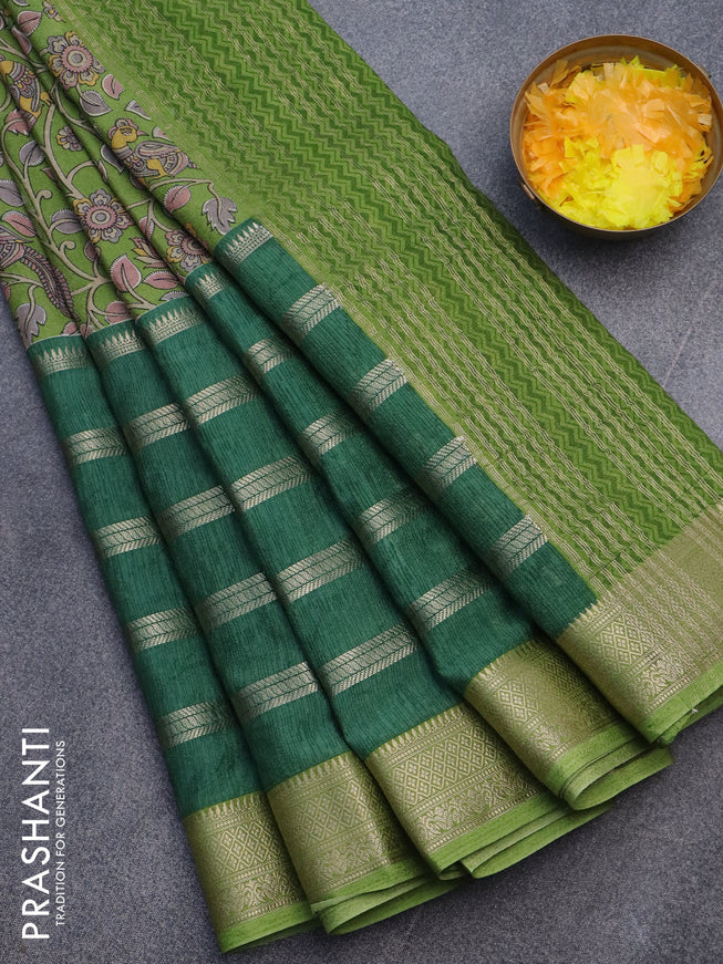 Semi crepe saree light green and sap green with kalamkari prints and long zari woven simple border