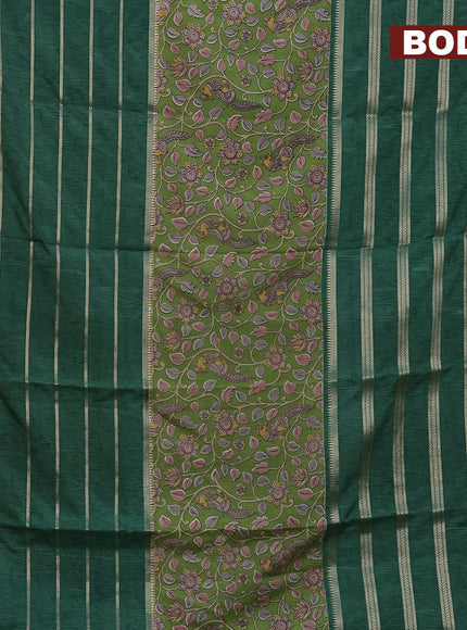 Semi crepe saree light green and sap green with kalamkari prints and long zari woven simple border