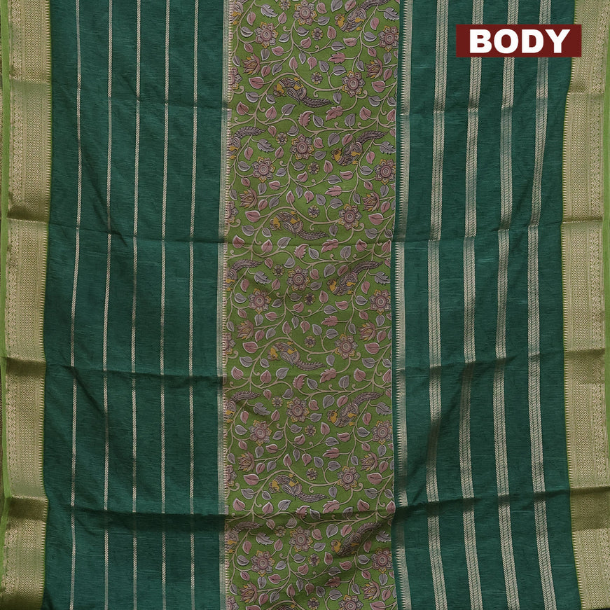 Semi crepe saree light green and sap green with kalamkari prints and long zari woven simple border