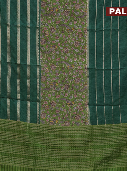 Semi crepe saree light green and sap green with kalamkari prints and long zari woven simple border