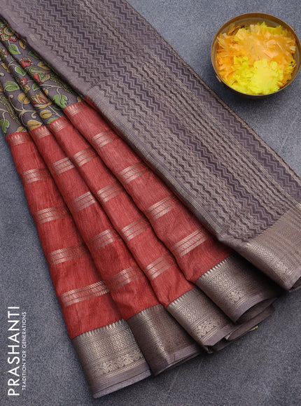 Semi crepe saree grey and red shade with kalamkari prints and long zari woven simple border